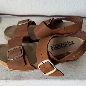 Mephisto Tan Leather Buckle Sandals